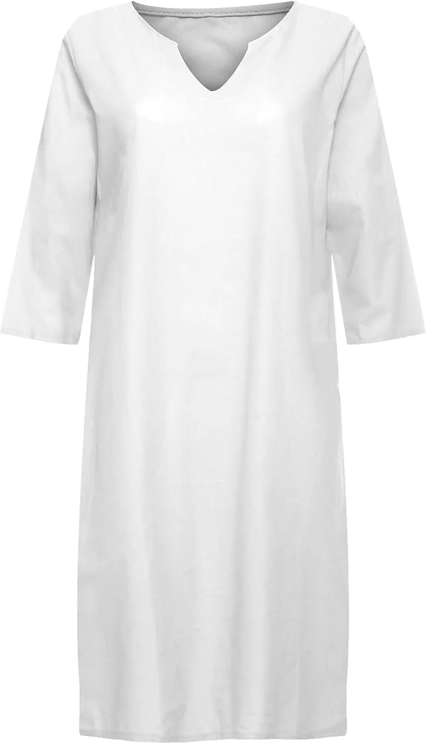 Summer Cotton Linen Short Sleeve Dresses for Women V Neck Spring Skirt Travel Vacation Outfits Church Work Dresses