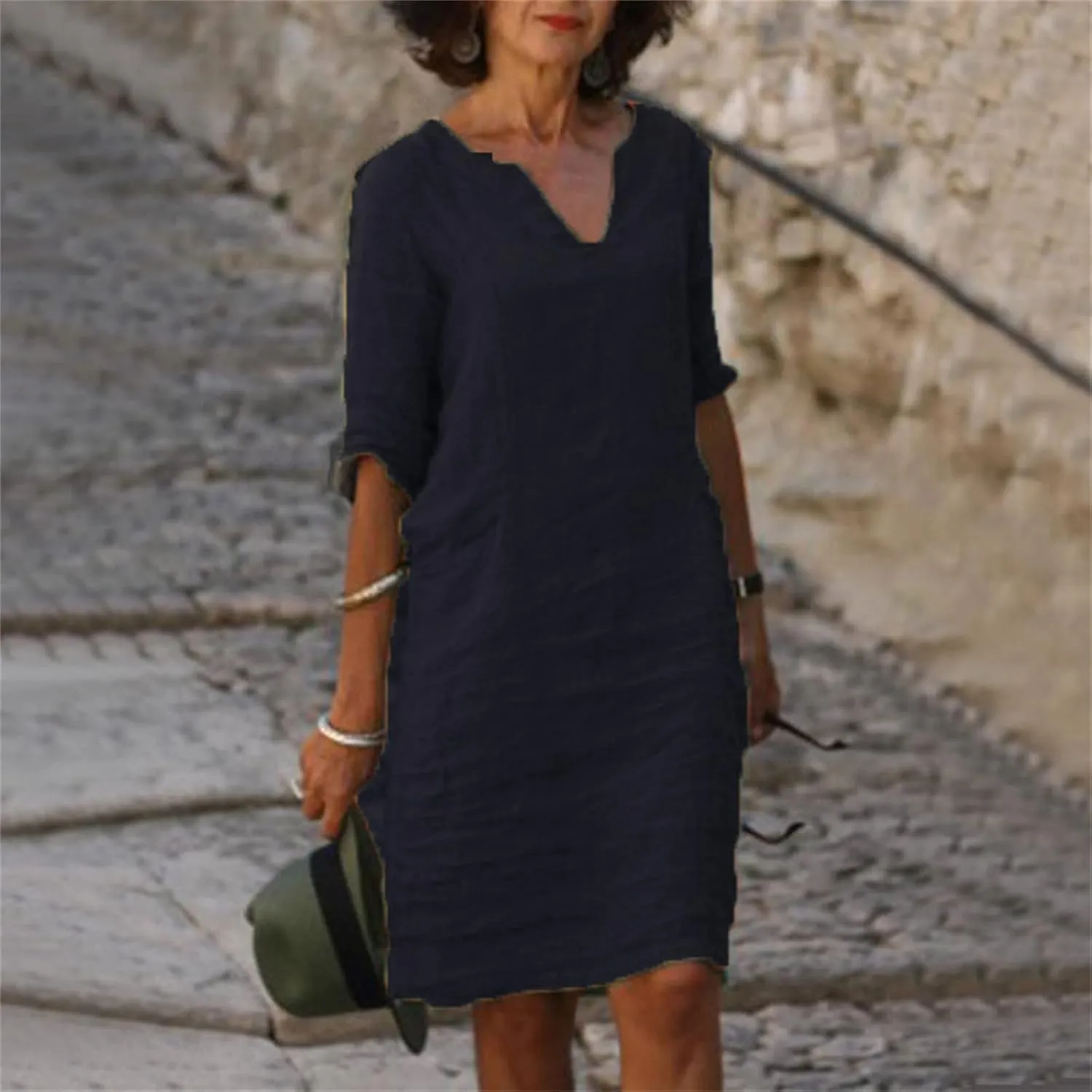Summer Cotton Linen Short Sleeve Dresses for Women V Neck Spring Skirt Travel Vacation Outfits Church Work Dresses