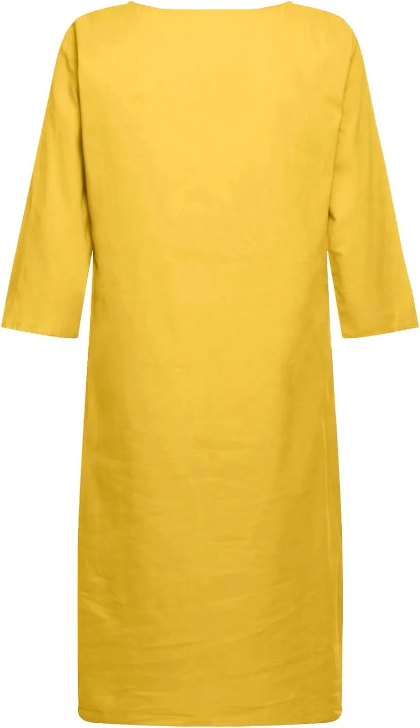 Summer Cotton Linen Short Sleeve Dresses for Women V Neck Spring Skirt Travel Vacation Outfits Church Work Dresses