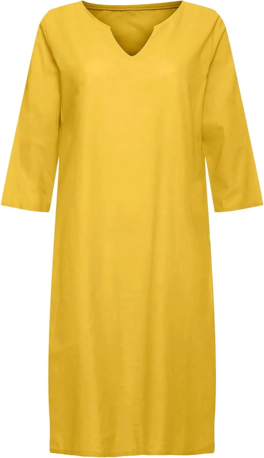 Summer Cotton Linen Short Sleeve Dresses for Women V Neck Spring Skirt Travel Vacation Outfits Church Work Dresses