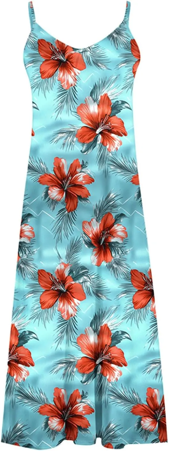 Summer Dresses for Women 2025 Beach Vacation Sleeveless Long Dress Floral Printed V Neck Casual Beach Boho Dress