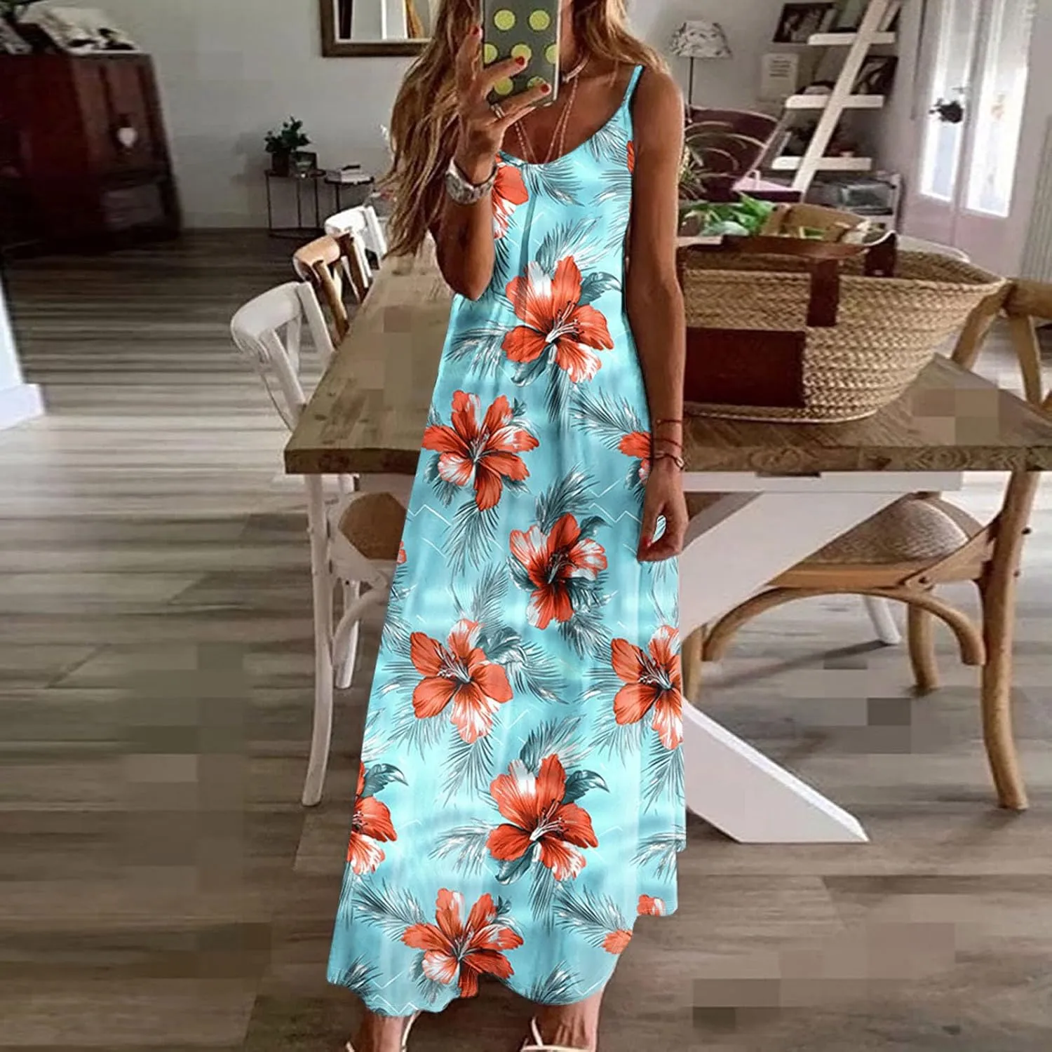 Summer Dresses for Women 2025 Beach Vacation Sleeveless Long Dress Floral Printed V Neck Casual Beach Boho Dress