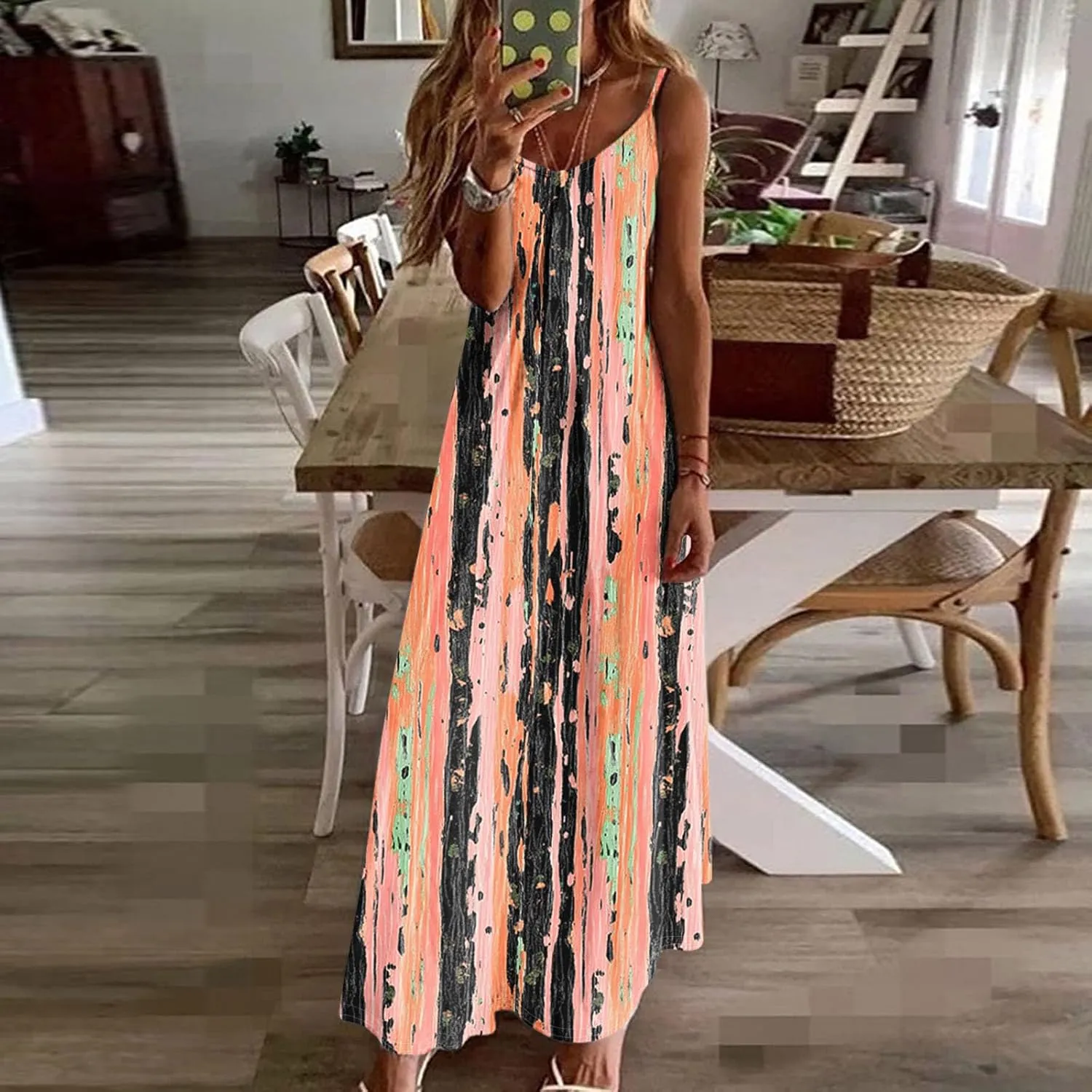 Summer Dresses for Women 2025 Beach Vacation Sleeveless Long Dress Floral Printed V Neck Casual Beach Boho Dress