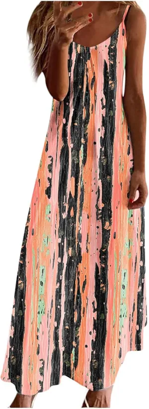 Summer Dresses for Women 2025 Beach Vacation Sleeveless Long Dress Floral Printed V Neck Casual Beach Boho Dress