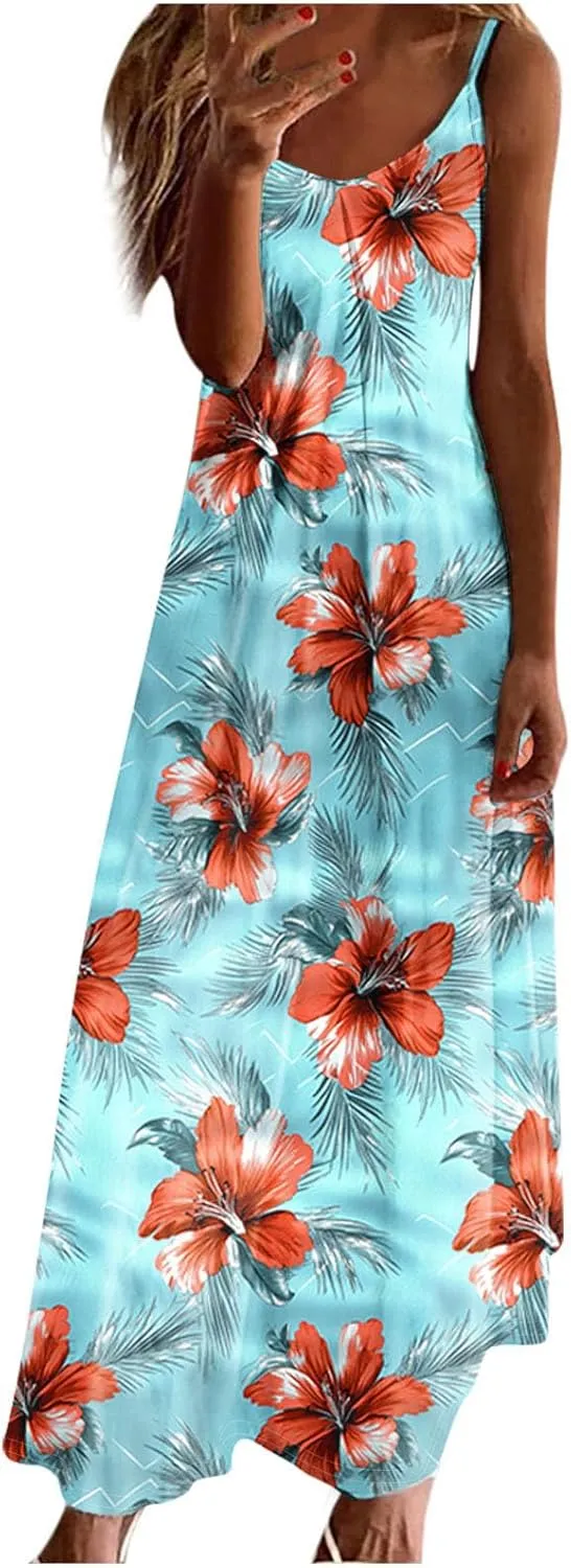 Summer Dresses for Women 2025 Beach Vacation Sleeveless Long Dress Floral Printed V Neck Casual Beach Boho Dress