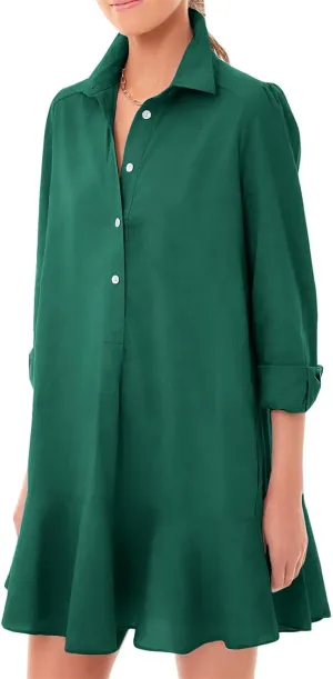 Summer Dresses for Women 2025 Button Down Collared Shirts Dress Loose Fit Business Dresses Ruffle Hem Mini Dress