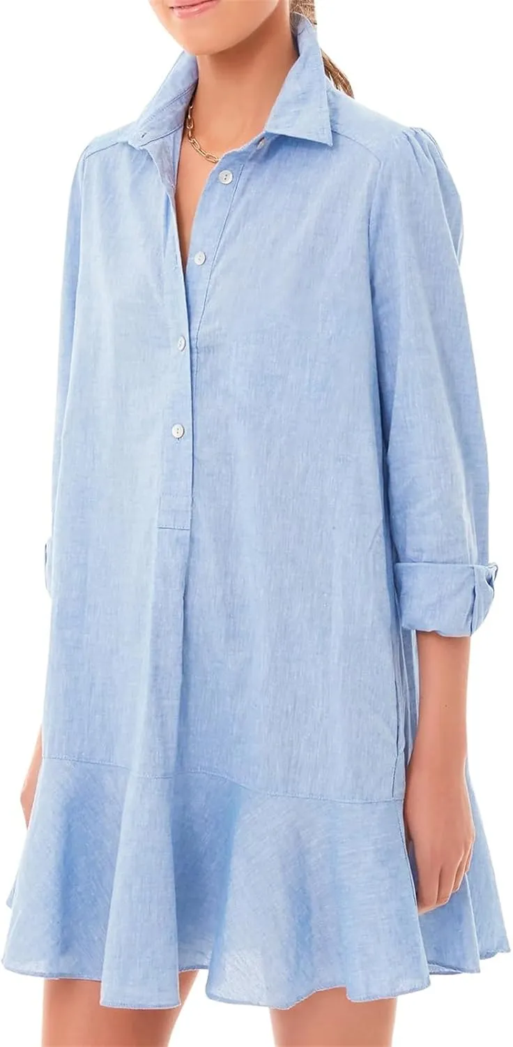 Summer Dresses for Women 2025 Button Down Collared Shirts Dress Loose Fit Business Dresses Ruffle Hem Mini Dress