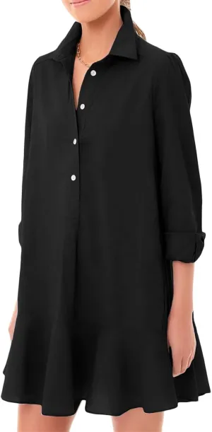 Summer Dresses for Women 2025 Button Down Collared Shirts Dress Loose Fit Business Dresses Ruffle Hem Mini Dress