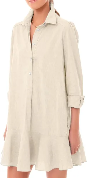 Summer Dresses for Women 2025 Button Down Collared Shirts Dress Loose Fit Business Dresses Ruffle Hem Mini Dress