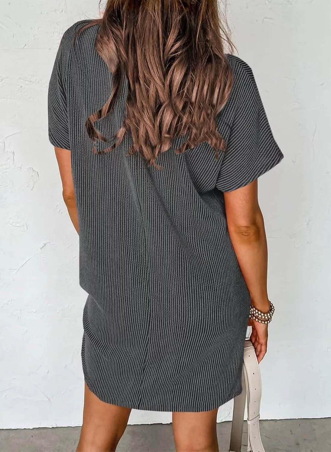 Summer Dresses for Women 2025 Short Sleeve Crew Neck Textured Mini Dress with Pocket Casual Beach Sundress