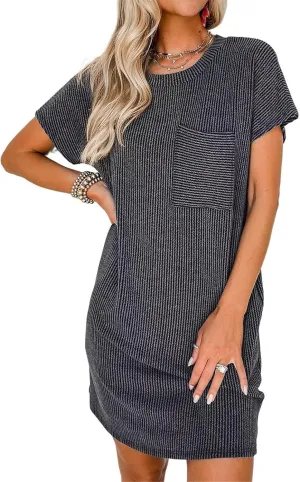 Summer Dresses for Women 2025 Short Sleeve Crew Neck Textured Mini Dress with Pocket Casual Beach Sundress