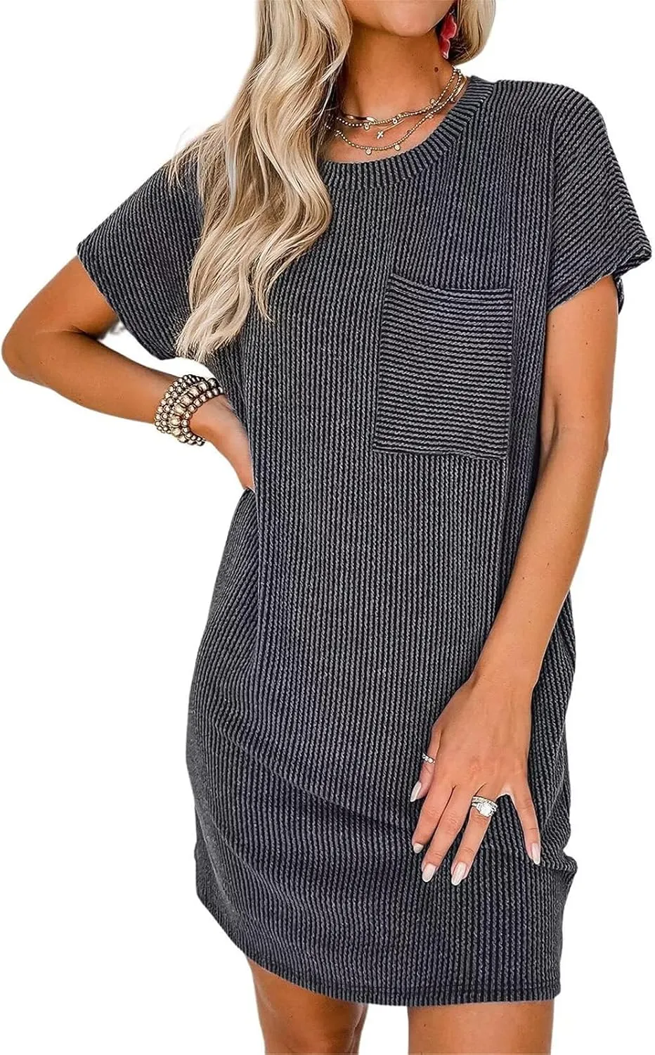 Summer Dresses for Women 2025 Short Sleeve Crew Neck Textured Mini Dress with Pocket Casual Beach Sundress