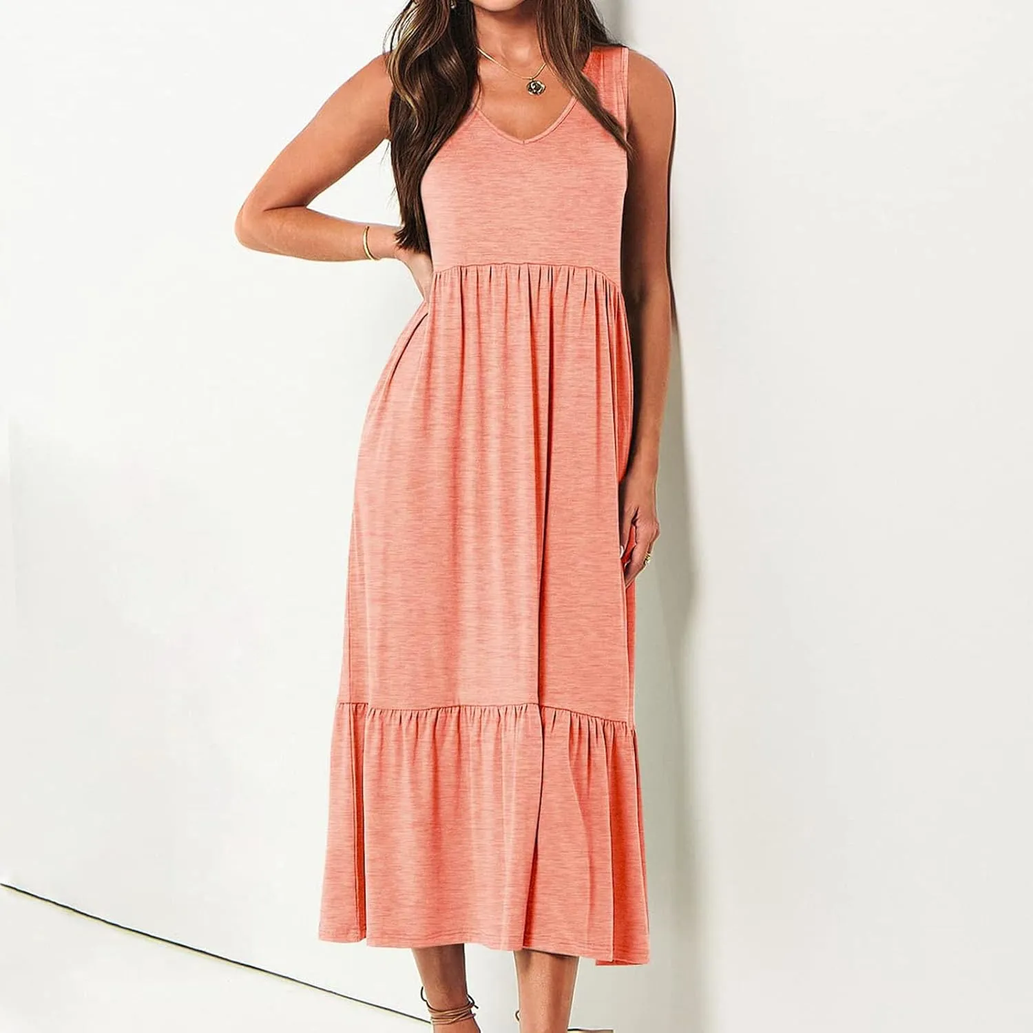 Summer Dresses for Women 2025 Sleeveless V Neck Sundress Ruffle Tiered Beach Vacation Dress The Waist Dresses