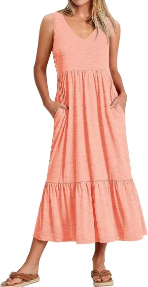 Summer Dresses for Women 2025 Sleeveless V Neck Sundress Ruffle Tiered Beach Vacation Dress The Waist Dresses