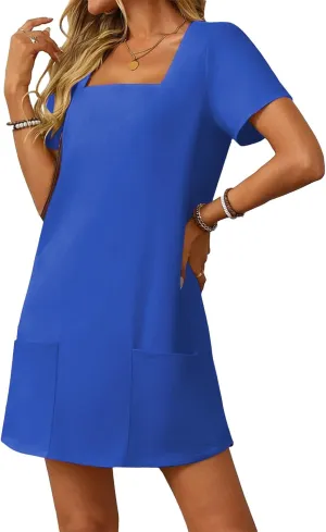 Summer Dresses for Women 2025 Square Neck Short Sleeve Loose Mini Dress with Pocket Fashion Trendy Dressy Dresses