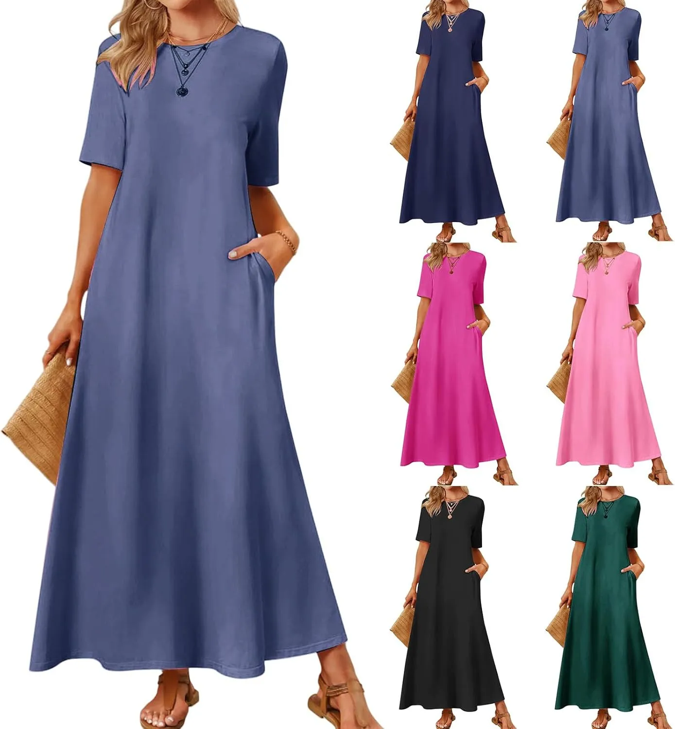 Summer Dresses for Women Casual Maxi Dress Short Sleeve Crewneck Aline Swing Flowy Dress T Shirt Dresses Trendy Outfit