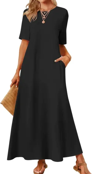 Summer Dresses for Women Casual Maxi Dress Short Sleeve Crewneck Aline Swing Flowy Dress T Shirt Dresses Trendy Outfit