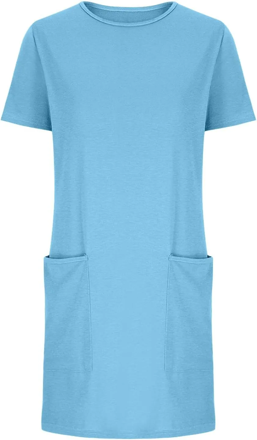 Summer Dresses for Women Short Sleeve Tunic Dress Casual Fashion Tops Dress Loose Fit Solid Color Dresses with Pocket