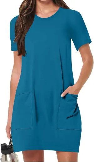Summer Dresses for Women Short Sleeve Tunic Dress Casual Fashion Tops Dress Loose Fit Solid Color Dresses with Pocket