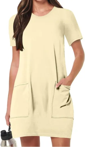 Summer Dresses for Women Short Sleeve Tunic Dress Casual Fashion Tops Dress Loose Fit Solid Color Dresses with Pocket