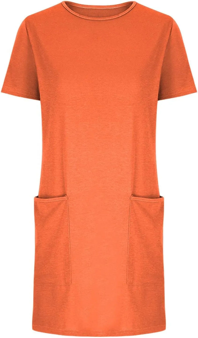 Summer Dresses for Women Short Sleeve Tunic Dress Casual Fashion Tops Dress Loose Fit Solid Color Dresses with Pocket