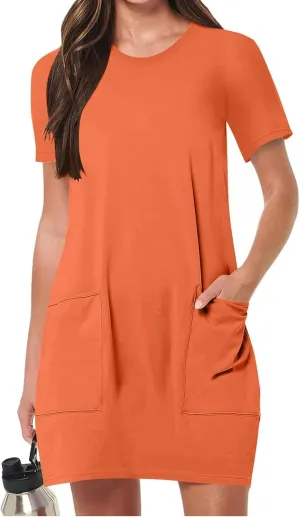 Summer Dresses for Women Short Sleeve Tunic Dress Casual Fashion Tops Dress Loose Fit Solid Color Dresses with Pocket