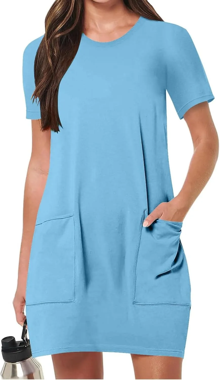 Summer Dresses for Women Short Sleeve Tunic Dress Casual Fashion Tops Dress Loose Fit Solid Color Dresses with Pocket