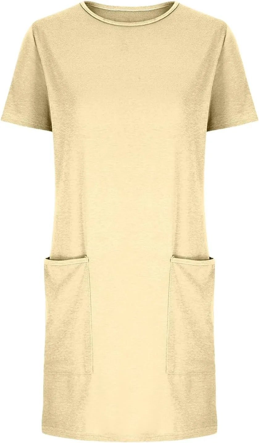 Summer Dresses for Women Short Sleeve Tunic Dress Casual Fashion Tops Dress Loose Fit Solid Color Dresses with Pocket