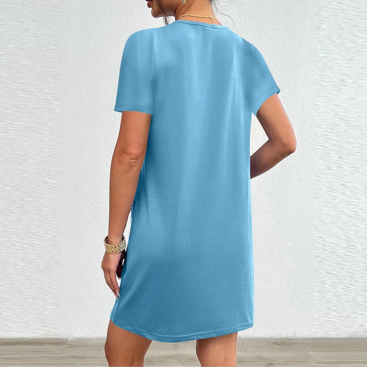 Summer Dresses for Women Short Sleeve Tunic Dress Casual Fashion Tops Dress Loose Fit Solid Color Dresses with Pocket