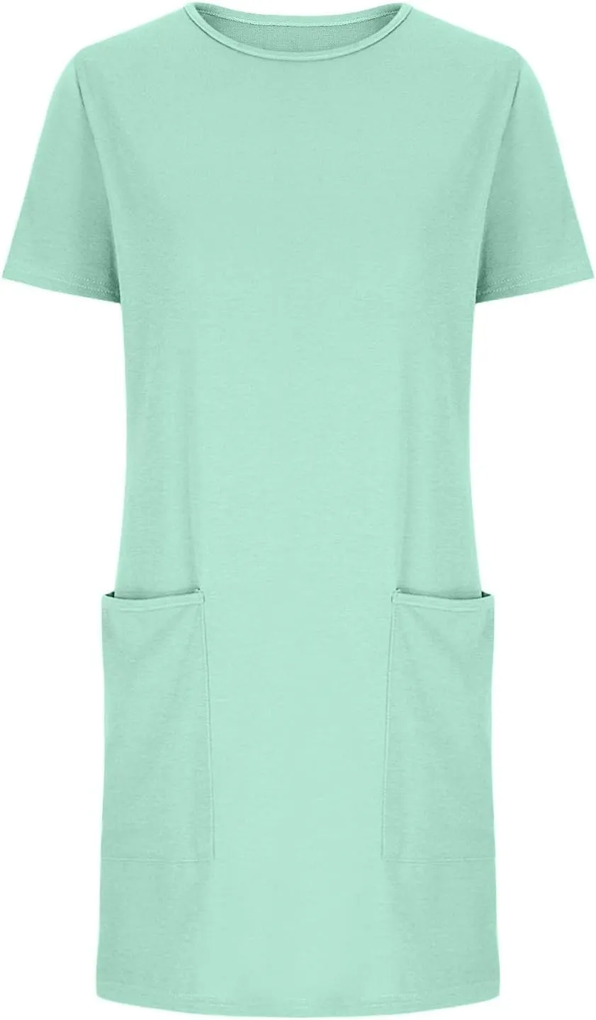 Summer Dresses for Women Short Sleeve Tunic Dress Casual Fashion Tops Dress Loose Fit Solid Color Dresses with Pocket