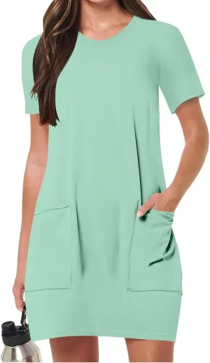 Summer Dresses for Women Short Sleeve Tunic Dress Casual Fashion Tops Dress Loose Fit Solid Color Dresses with Pocket