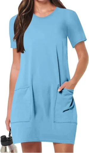 Summer Dresses for Women Short Sleeve Tunic Dress Casual Fashion Tops Dress Loose Fit Solid Color Dresses with Pocket