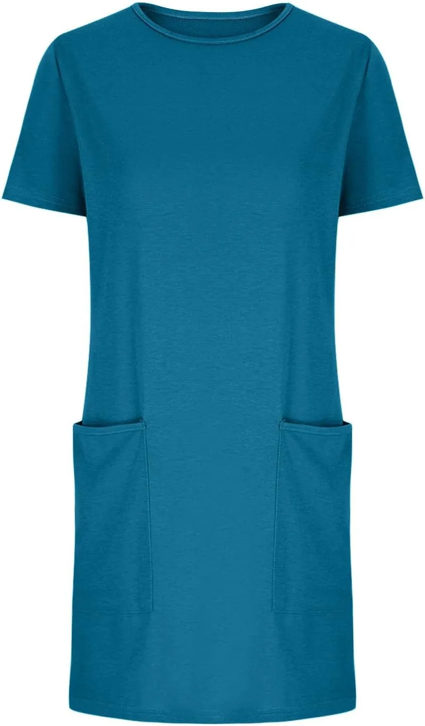 Summer Dresses for Women Short Sleeve Tunic Dress Casual Fashion Tops Dress Loose Fit Solid Color Dresses with Pocket