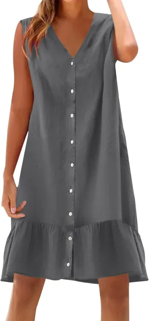 Summer Dresses for Women Short Sleeve V Neck Button Down T Shirt Dress Vacation Casual Beach Mini Shirt Sundress