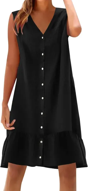 Summer Dresses for Women Short Sleeve V Neck Button Down T Shirt Dress Vacation Casual Beach Mini Shirt Sundress