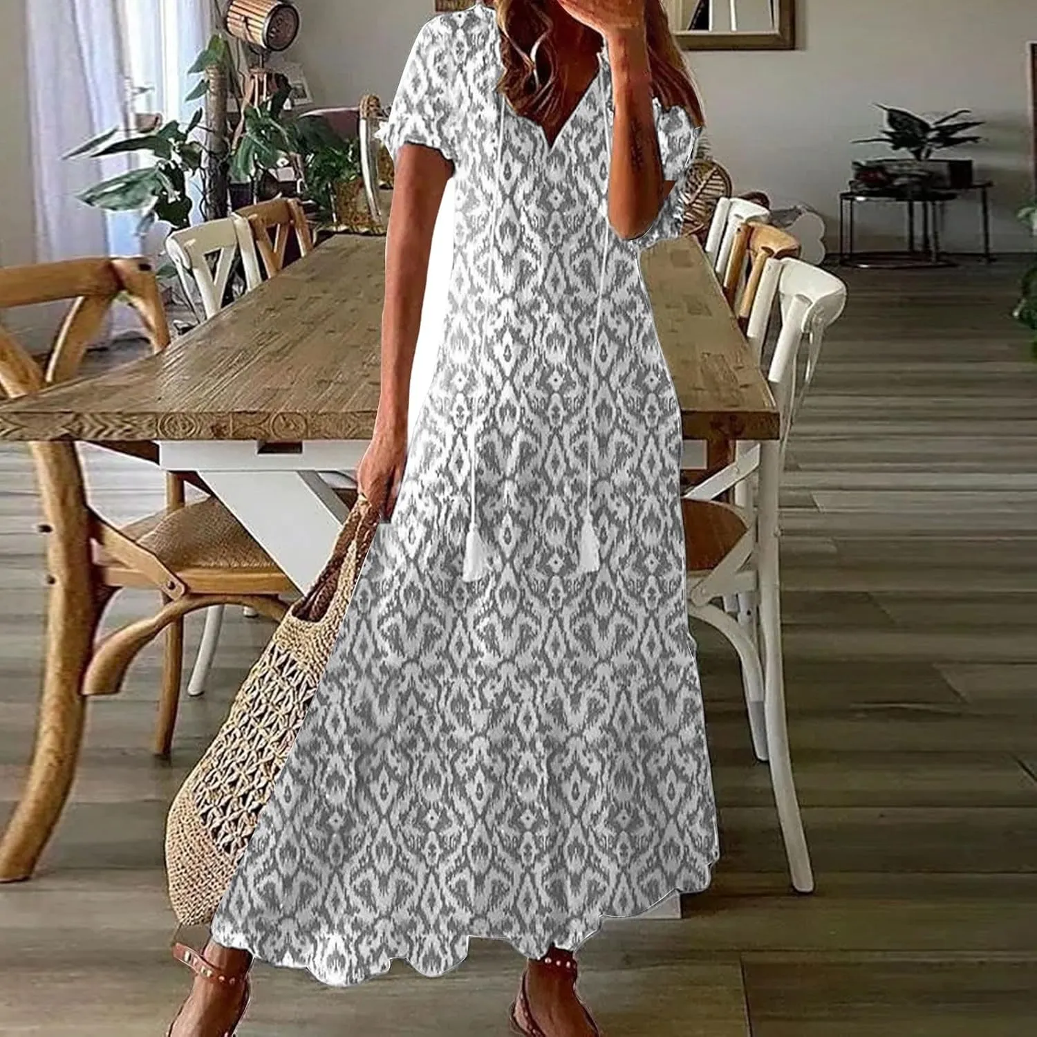 Summer Maxi Dresses for Women 2025 Short Sleeve V Neck Floral Dress Flowy Swing Dress Elegant Dressy Maxi