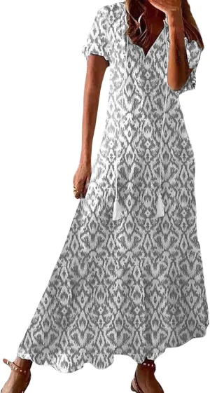 Summer Maxi Dresses for Women 2025 Short Sleeve V Neck Floral Dress Flowy Swing Dress Elegant Dressy Maxi