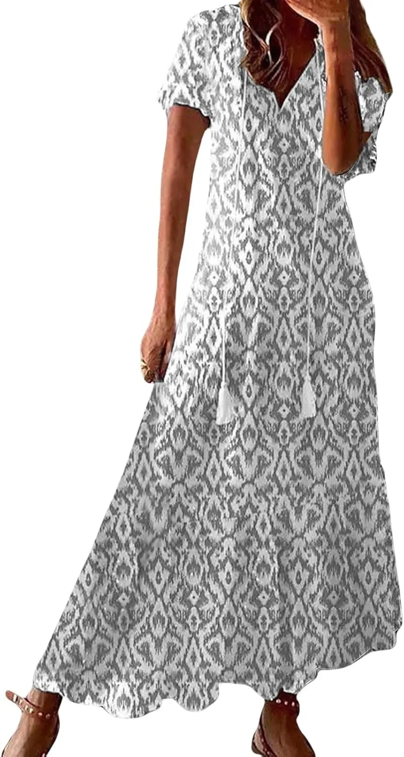 Summer Maxi Dresses for Women 2025 Short Sleeve V Neck Floral Dress Flowy Swing Dress Elegant Dressy Maxi