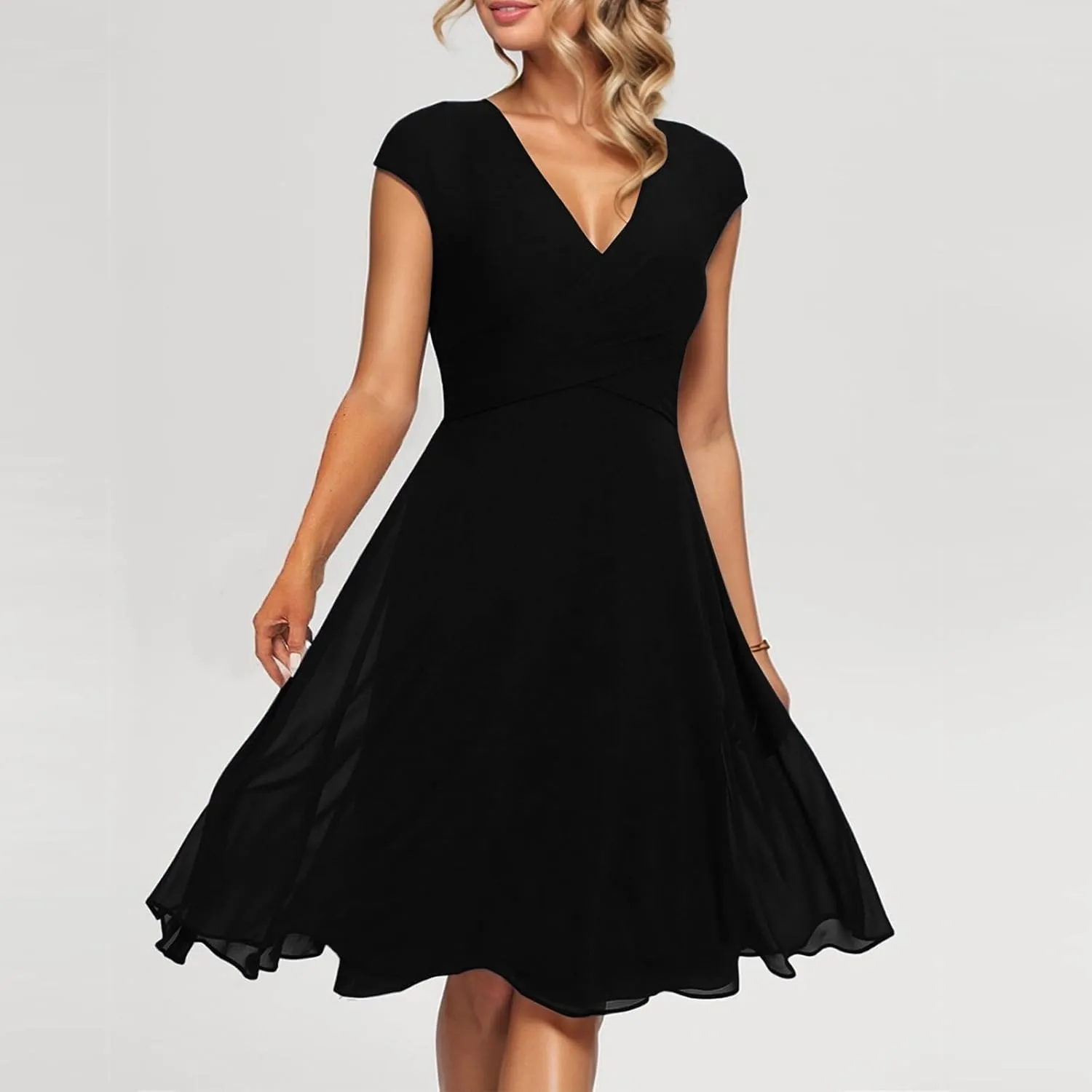 Summer Midi Dresses for Women Chiffon Bridesmaid Dresses Fit and Flare Dress V Neck Cap Sleeve Tie Empire Waist Frocks