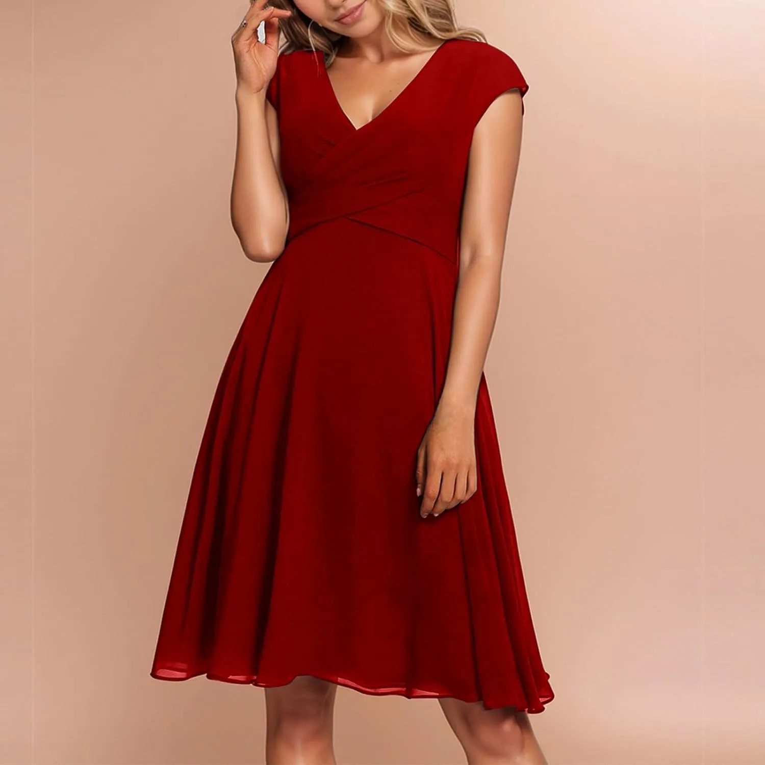 Summer Midi Dresses for Women Chiffon Bridesmaid Dresses Fit and Flare Dress V Neck Cap Sleeve Tie Empire Waist Frocks