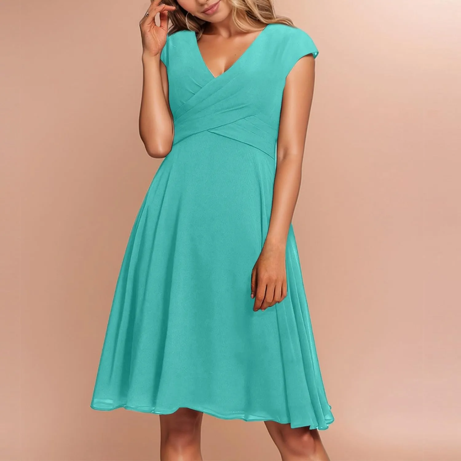 Summer Midi Dresses for Women Chiffon Bridesmaid Dresses Fit and Flare Dress V Neck Cap Sleeve Tie Empire Waist Frocks