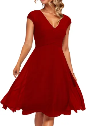 Summer Midi Dresses for Women Chiffon Bridesmaid Dresses Fit and Flare Dress V Neck Cap Sleeve Tie Empire Waist Frocks