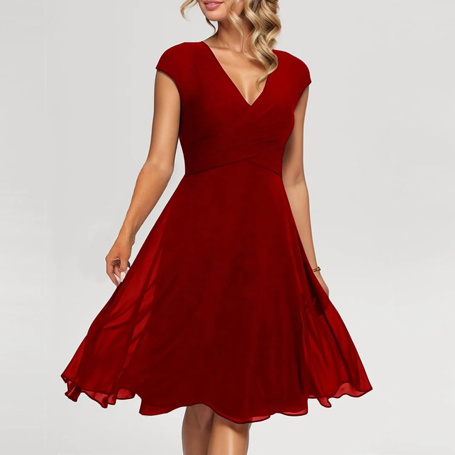 Summer Midi Dresses for Women Chiffon Bridesmaid Dresses Fit and Flare Dress V Neck Cap Sleeve Tie Empire Waist Frocks