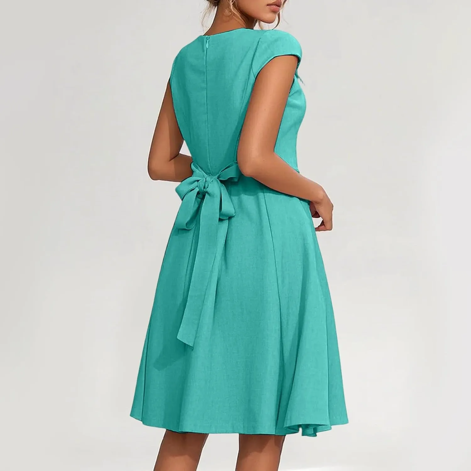 Summer Midi Dresses for Women Chiffon Bridesmaid Dresses Fit and Flare Dress V Neck Cap Sleeve Tie Empire Waist Frocks