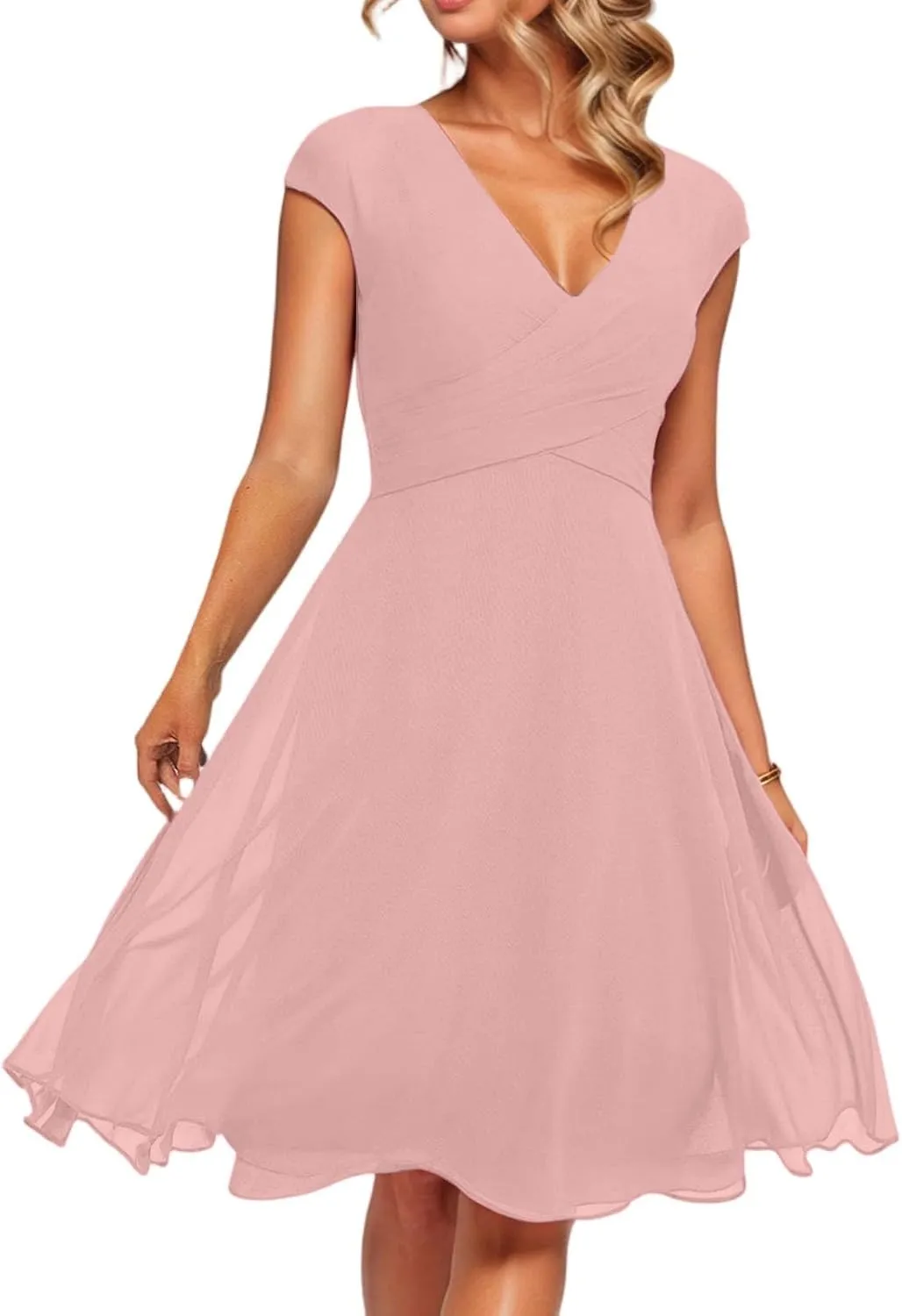Summer Midi Dresses for Women Chiffon Bridesmaid Dresses Fit and Flare Dress V Neck Cap Sleeve Tie Empire Waist Frocks
