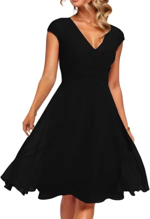 Summer Midi Dresses for Women Chiffon Bridesmaid Dresses Fit and Flare Dress V Neck Cap Sleeve Tie Empire Waist Frocks