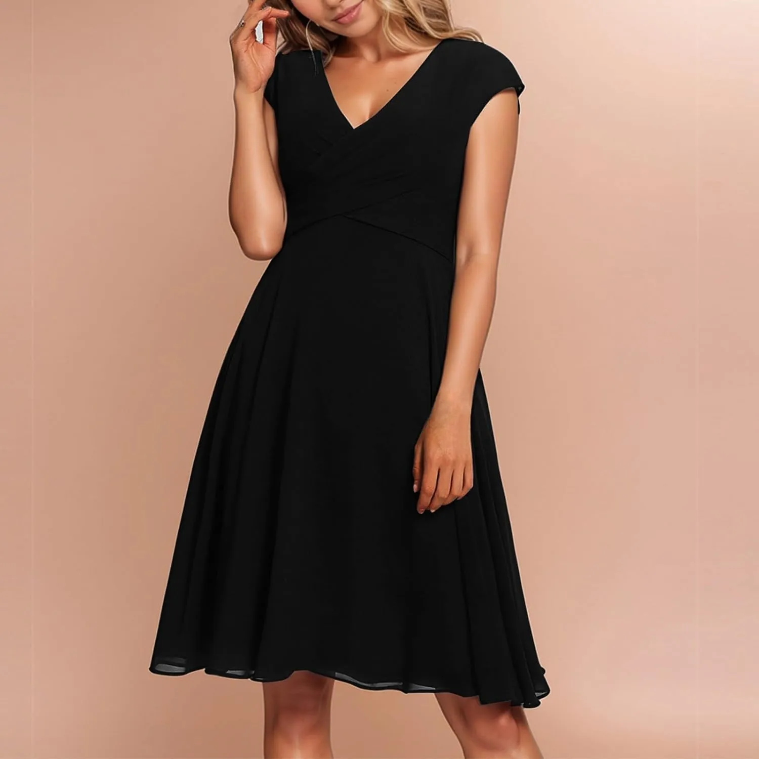 Summer Midi Dresses for Women Chiffon Bridesmaid Dresses Fit and Flare Dress V Neck Cap Sleeve Tie Empire Waist Frocks