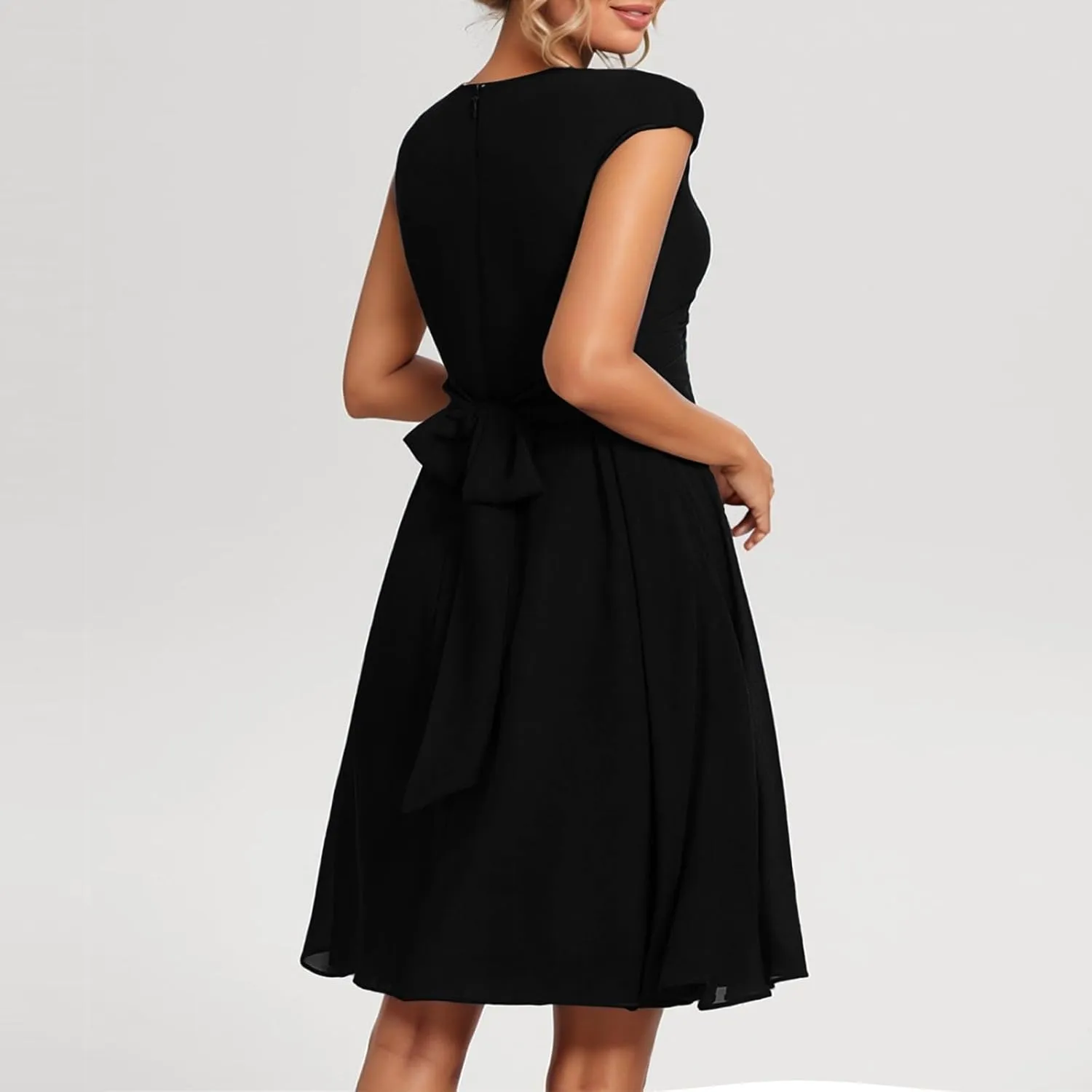 Summer Midi Dresses for Women Chiffon Bridesmaid Dresses Fit and Flare Dress V Neck Cap Sleeve Tie Empire Waist Frocks