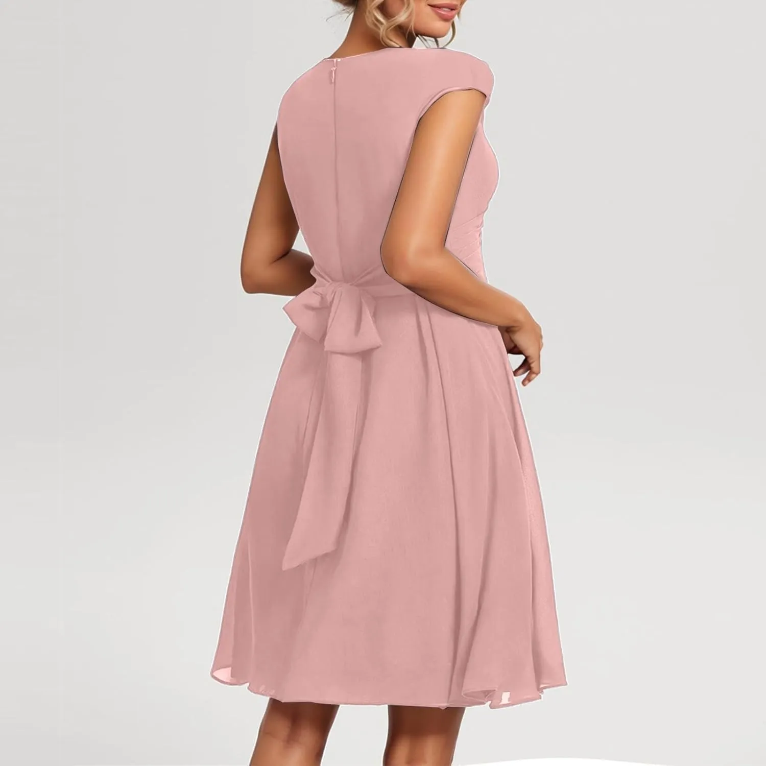 Summer Midi Dresses for Women Chiffon Bridesmaid Dresses Fit and Flare Dress V Neck Cap Sleeve Tie Empire Waist Frocks