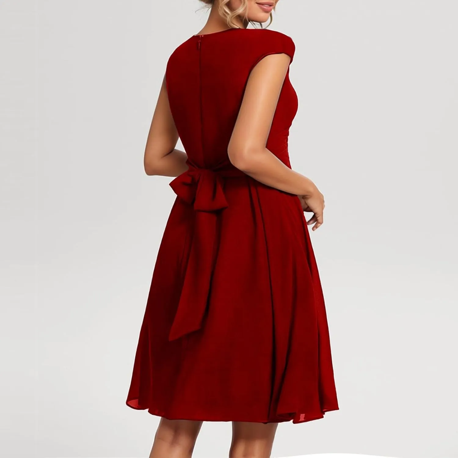Summer Midi Dresses for Women Chiffon Bridesmaid Dresses Fit and Flare Dress V Neck Cap Sleeve Tie Empire Waist Frocks